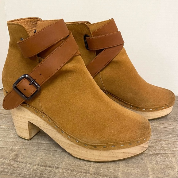 Free People Bungalow Clog Boot Tan Suede Leather Ankle Buckle Strap 38 US 7.5/8 - Picture 3 of 16